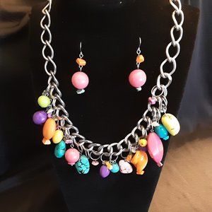 Multi-Color Necklace And Earing Set With Natural Turquoise